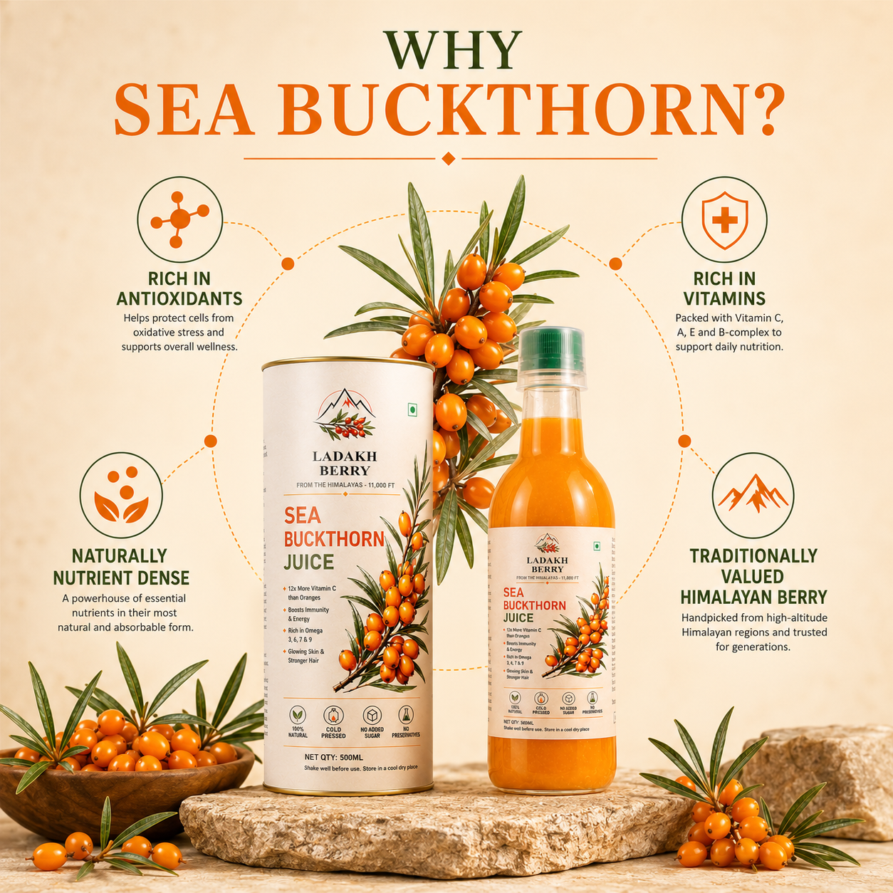Ladakh Berry Sea Buckthorn Juice – 500ml | Cold-Pressed Himalayan Superfruit