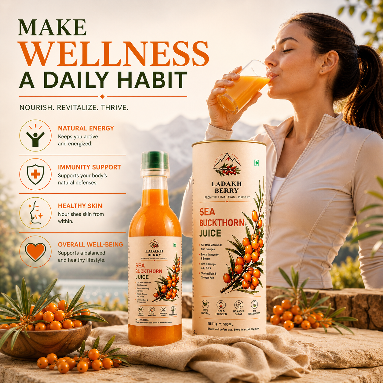 Ladakh Berry Sea Buckthorn Juice – 500ml | Cold-Pressed Himalayan Superfruit