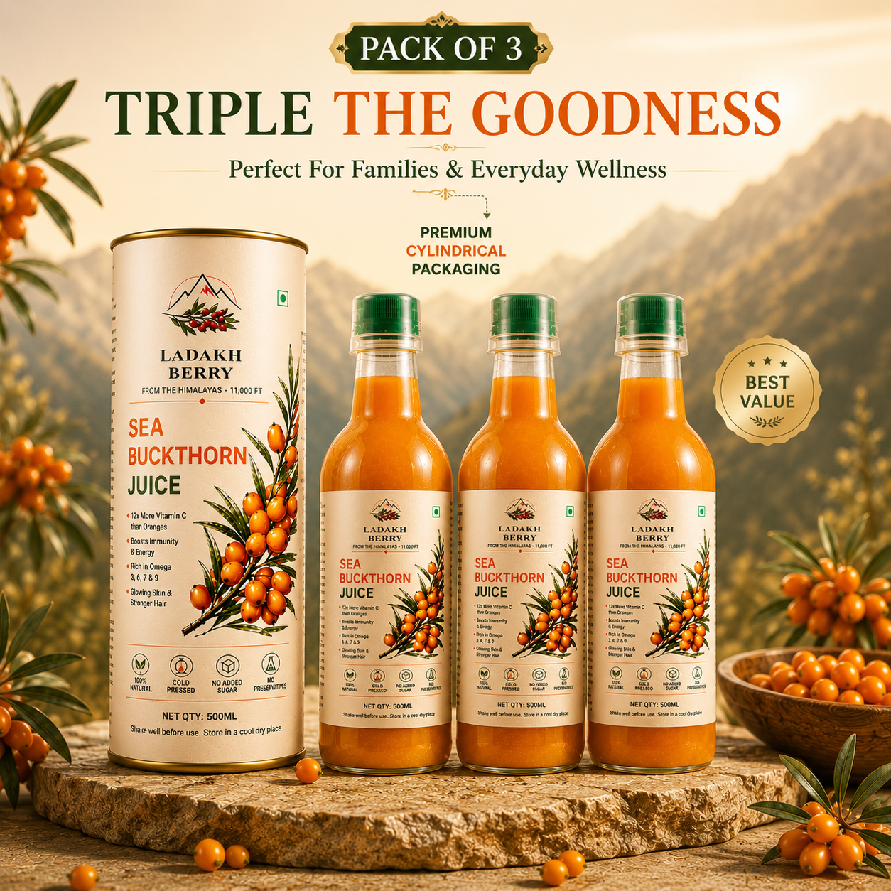 Ladakh Berry Sea Buckthorn Juice – 500ml | Cold-Pressed Himalayan Superfruit
